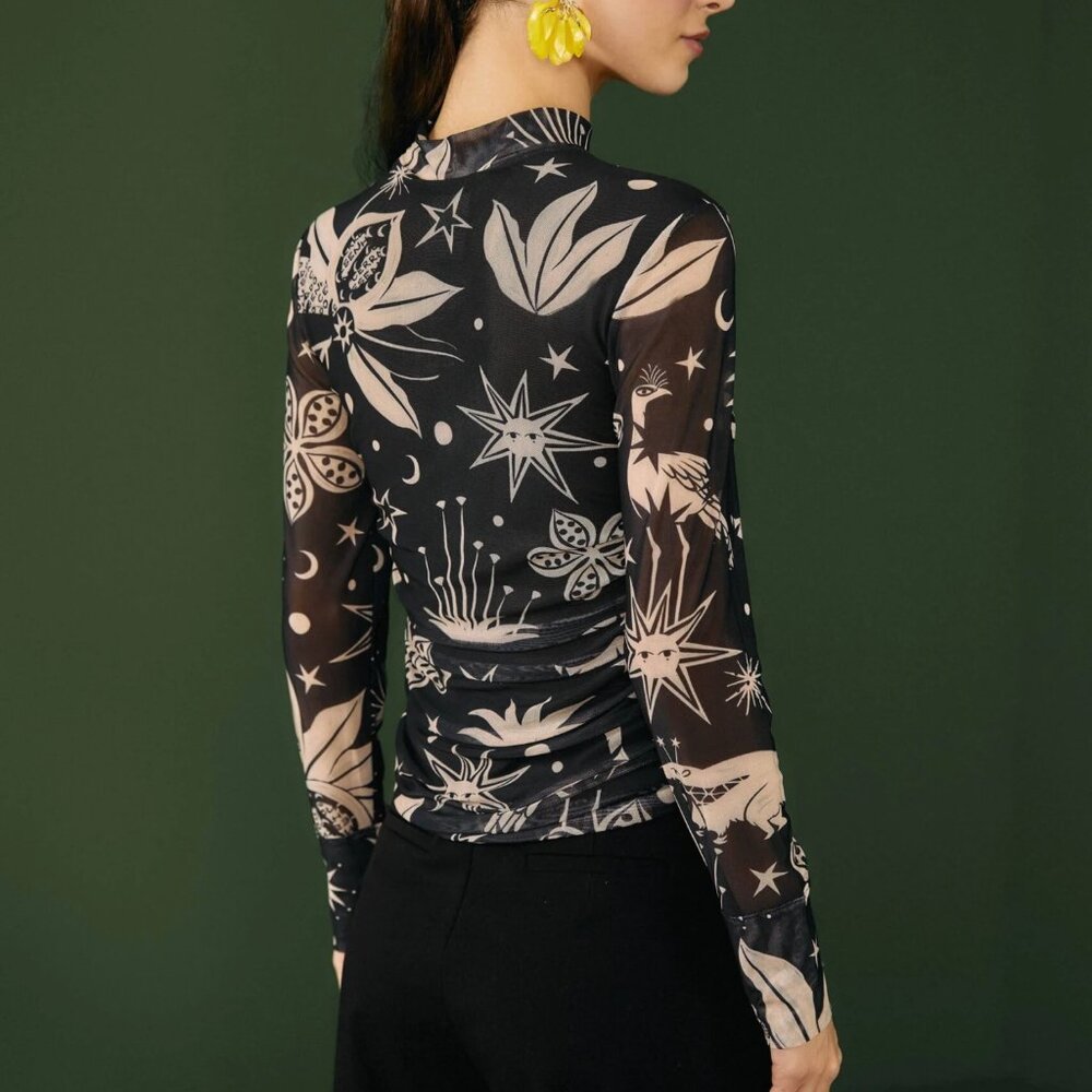 NWT Farm Rio Cerrado Sky Printed Mesh Ruched Mock Neck Long Sleeve Top - Picture 3 of 6